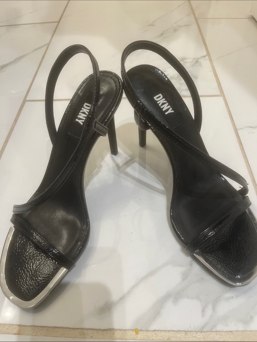 DKNY Black Patent Slingback Heels with Silver Toe Trim